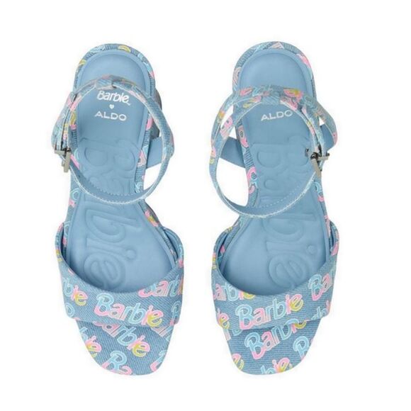 BRAND NEW ALDO BARBIE PARTY PRINTED  DENIM STRAPPY PLATFORM HEELED PLATF… G1 - Picture 8 of 16